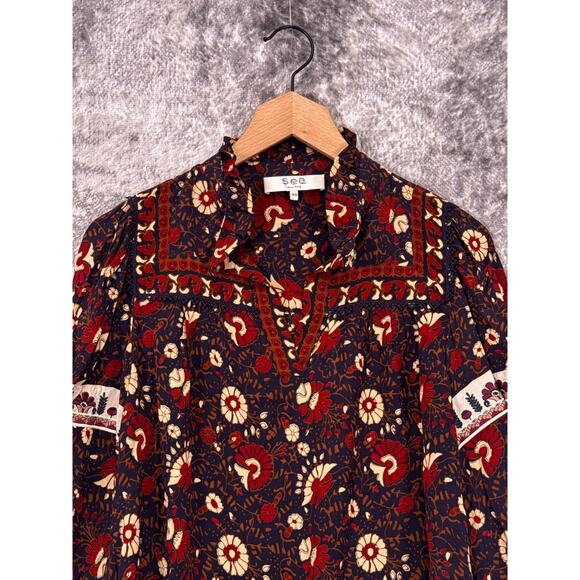 Sea New York Top XS Womens Floral Ruffle Collar Ornate Blouse - Picture 2 of 8
